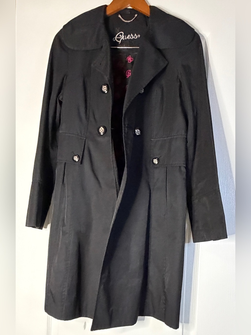 GUESS Black Double Breasted Trench Coat Pink Monogram Lining Military Peacoat Y2